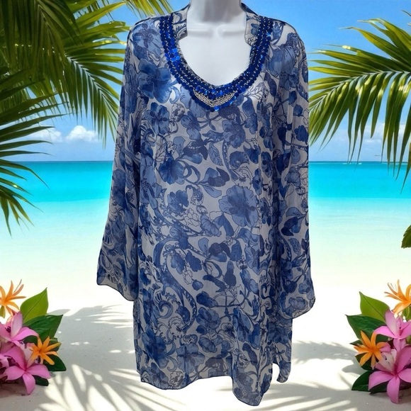 NEW Sunflower Floral Sheer Sequin Swimsuit Coverup Resort Beach Coastal L - Picture 1 of 11